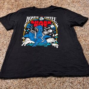 Bones Coffee Co Shark Bite Graphic T-Shirt Mens Large Black Skeleton Shark Tee